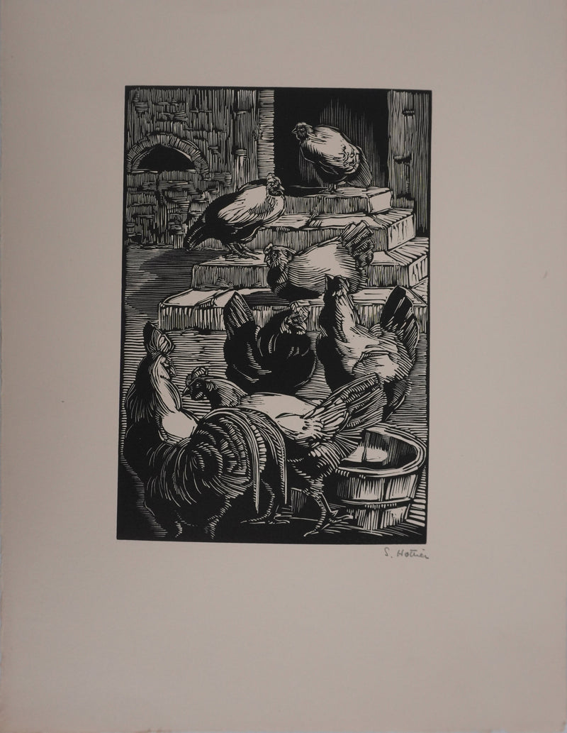 Suzanne von HOTTIER-VAHL : Les poules dans la cours, Gravure originale (vue générale) - Crédit photo : Galerie Art.Paris
