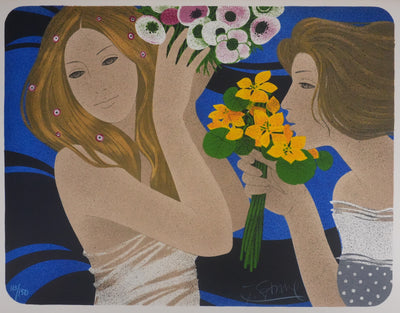 Yves GANNE : Les deux femmes aux bouquets, Lithographie originale signée