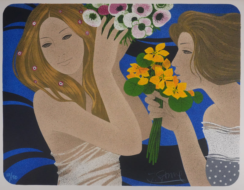 Yves GANNE : Les deux femmes aux bouquets, Lithographie originale signée