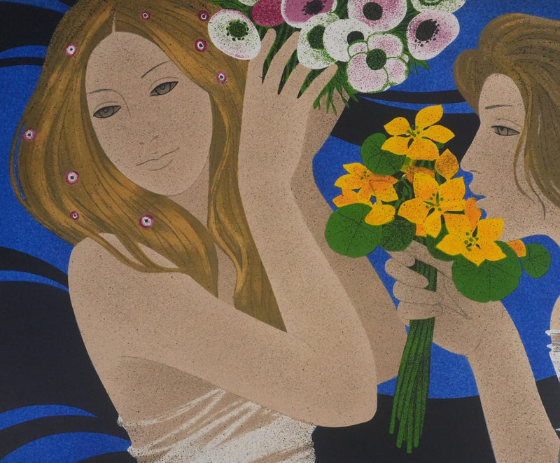 Yves GANNE : Les deux femmes aux bouquets, Lithographie originale signée
