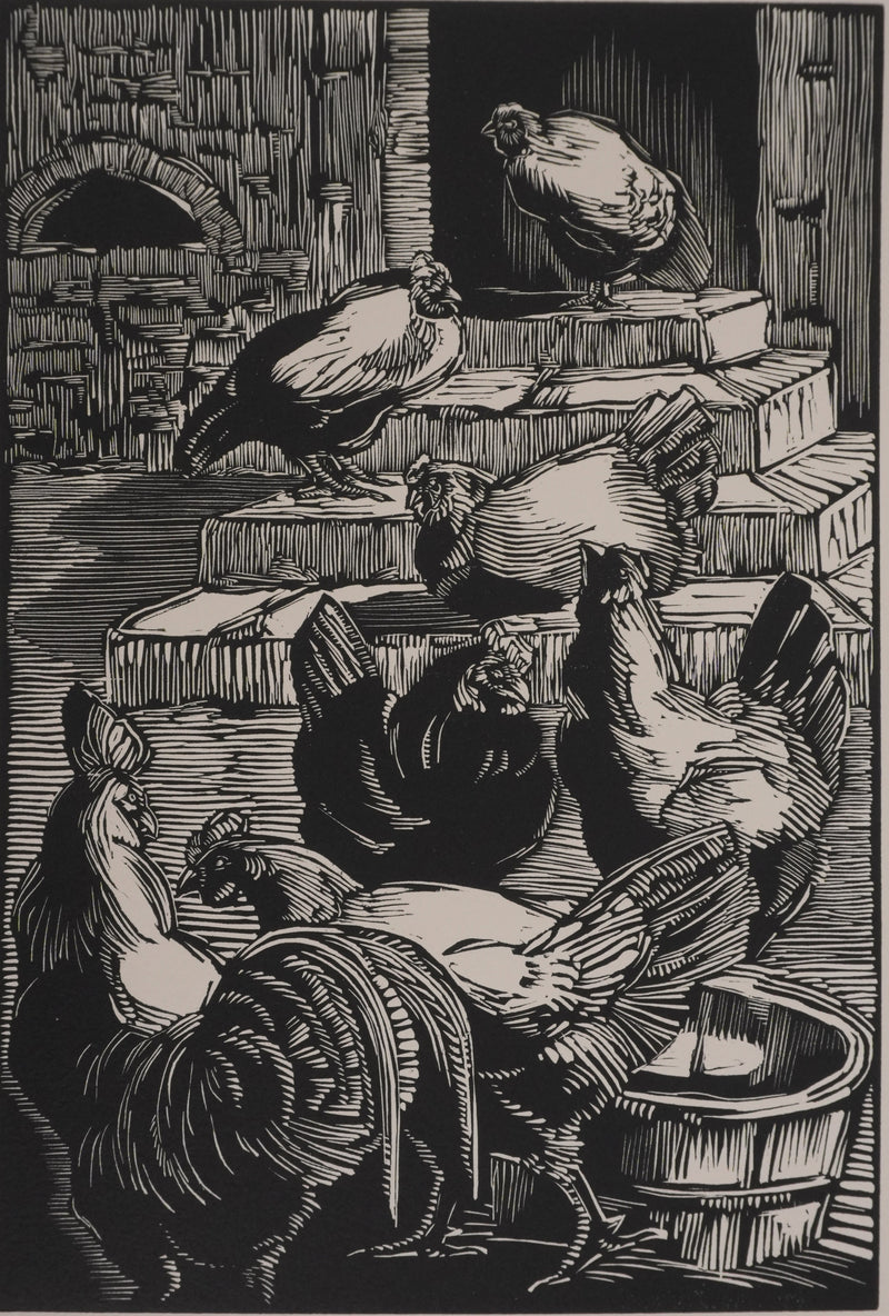 Suzanne von HOTTIER-VAHL : Les poules dans la cours, Gravure originale (photo de détail 2) - Crédit photo : Galerie Art.Paris