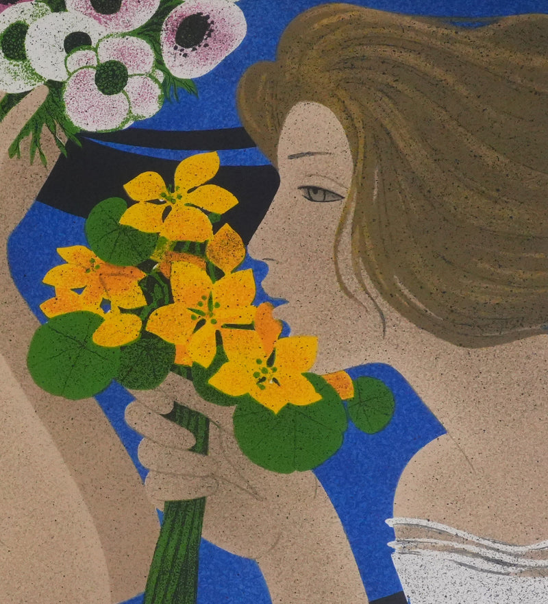 Yves GANNE : Les deux femmes aux bouquets, Lithographie originale signée