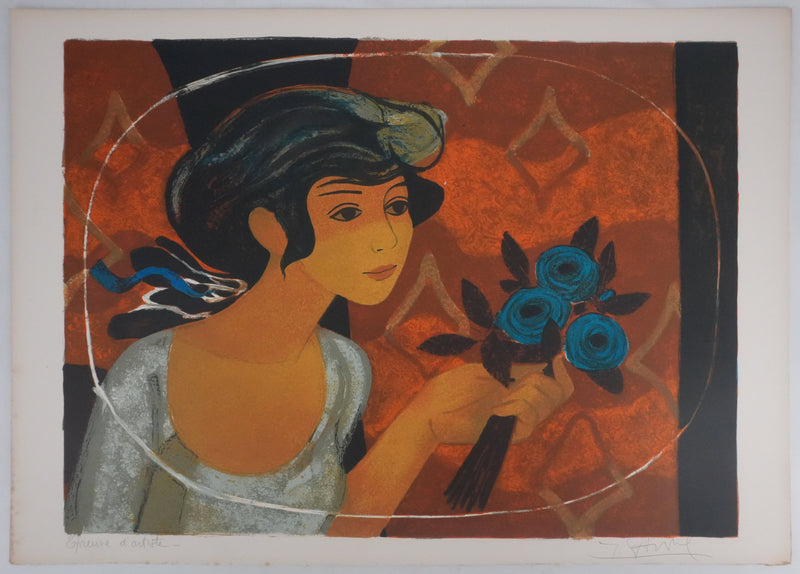 Yves GANNE : Femme au bouquet bleu, Lithographie originale signée