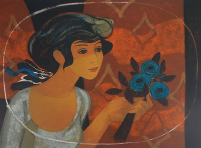 Yves GANNE : Femme au bouquet bleu, Lithographie originale signée