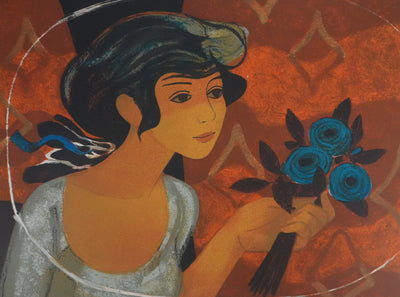 Yves GANNE : Femme au bouquet bleu, Lithographie originale signée