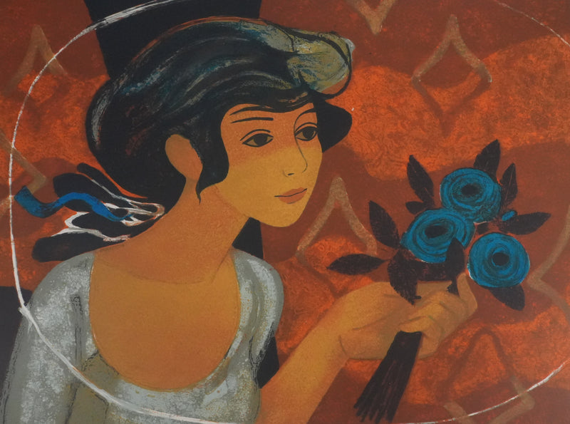 Yves GANNE : Femme au bouquet bleu, Lithographie originale signée