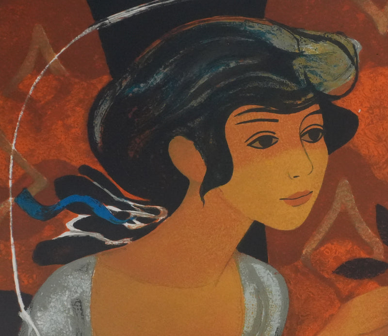 Yves GANNE : Femme au bouquet bleu, Lithographie originale signée
