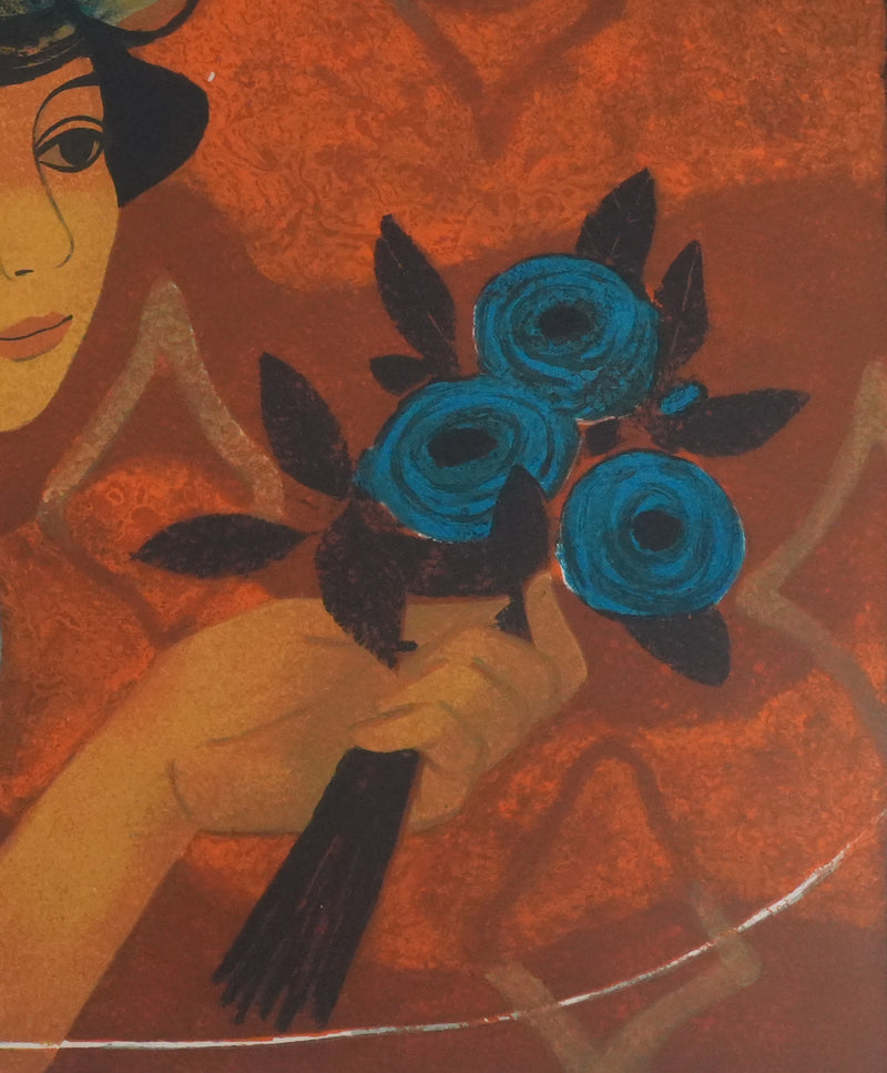 Yves GANNE : Femme au bouquet bleu, Lithographie originale signée