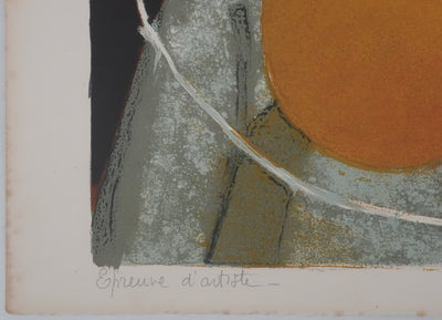 Yves GANNE : Femme au bouquet bleu, Lithographie originale signée