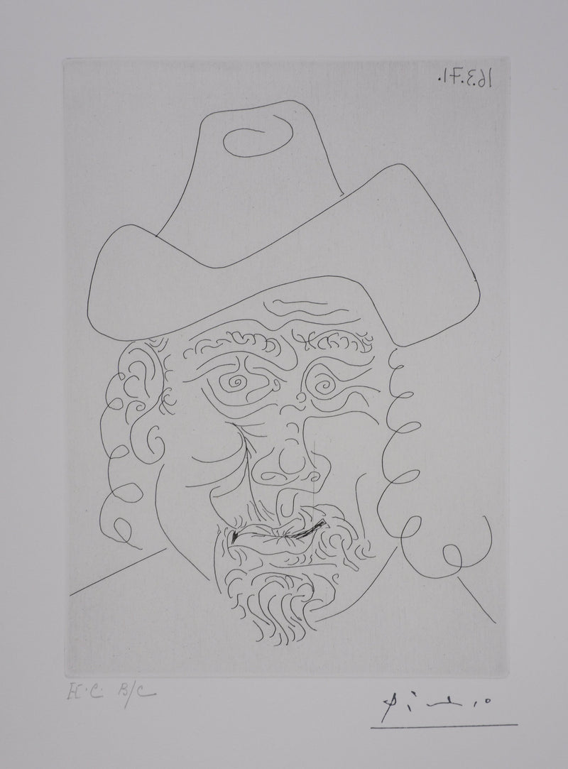 Pablo PICASSO : Les 156, Rembrandt au chapeau mou, Gravure originale signée