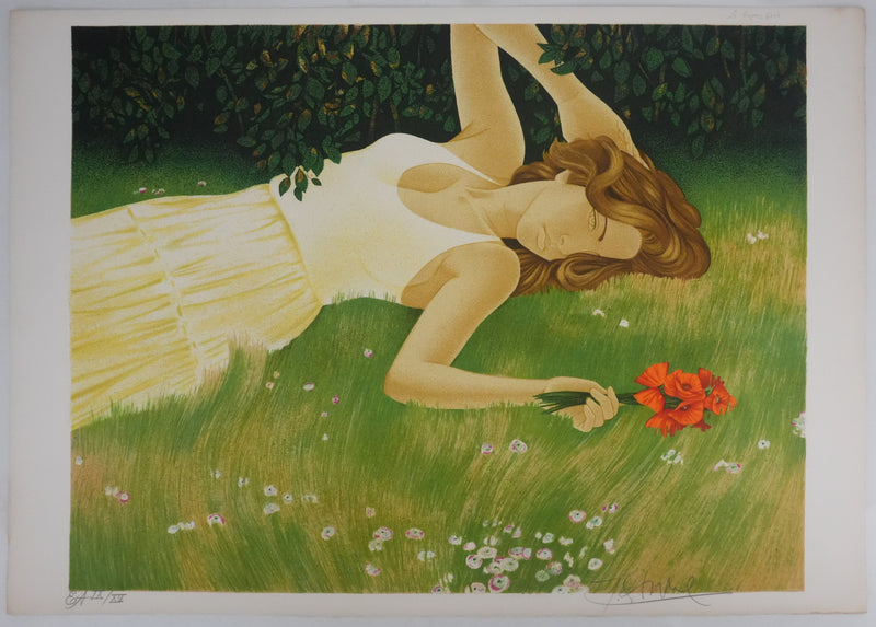 Yves GANNE : Femme allongée aux coquelicots, Lithographie originale signée