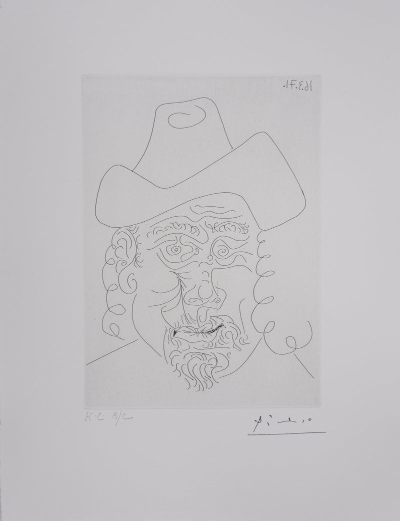 Pablo PICASSO : Les 156, Rembrandt au chapeau mou, Gravure originale signée