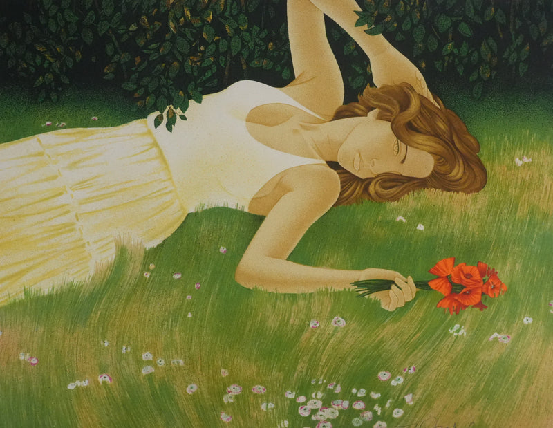 Yves GANNE : Femme allongée aux coquelicots, Lithographie originale signée