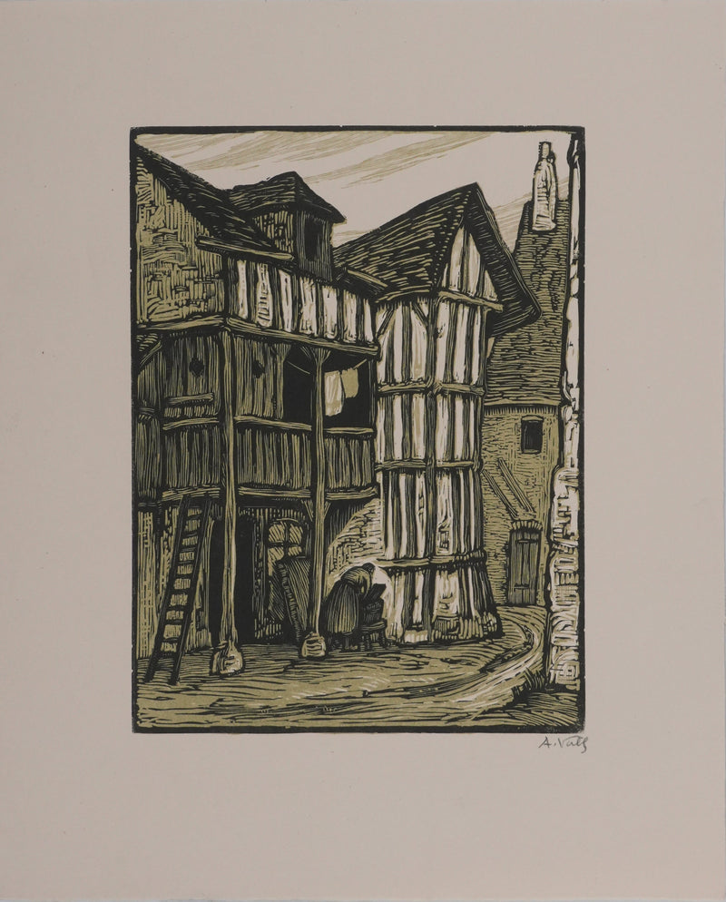 André VAHL : Le village médiéval, Gravure originale signée