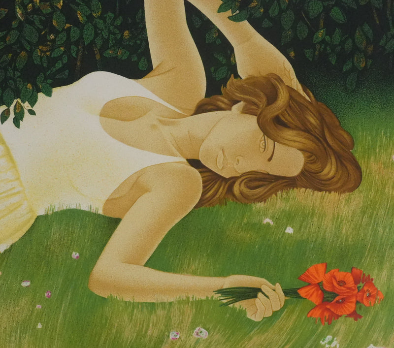Yves GANNE : Femme allongée aux coquelicots, Lithographie originale signée