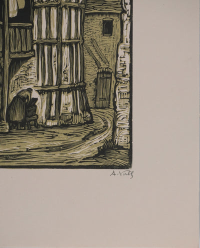 André VAHL : Le village médiéval, Gravure originale signée