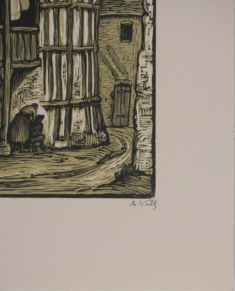 André VAHL : Le village médiéval, Gravure originale signée