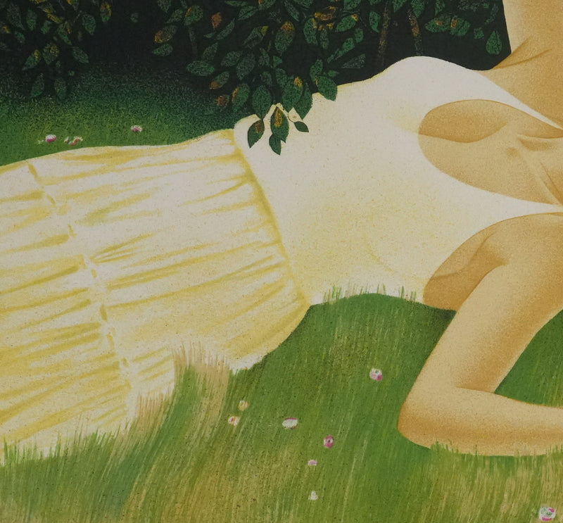 Yves GANNE : Femme allongée aux coquelicots, Lithographie originale signée