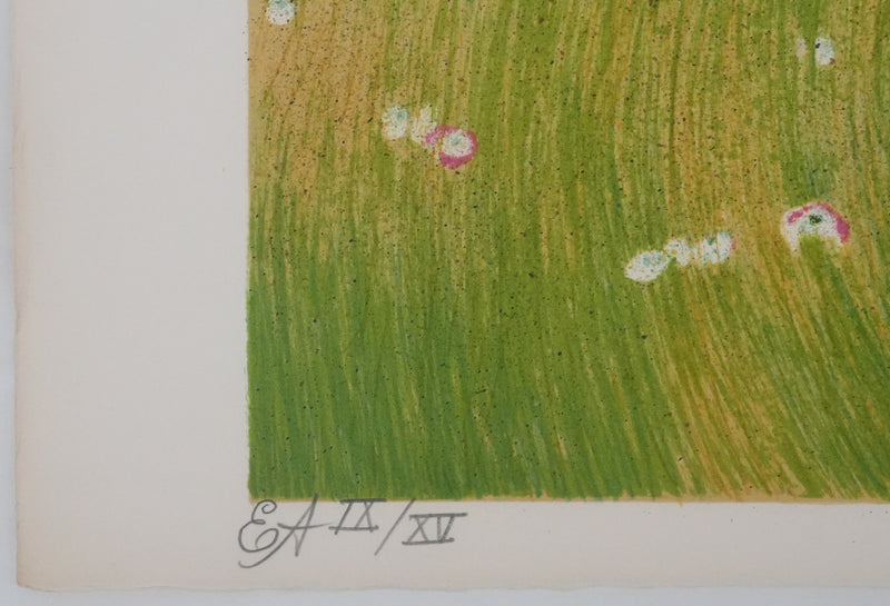 Yves GANNE : Femme allongée aux coquelicots, Lithographie originale signée