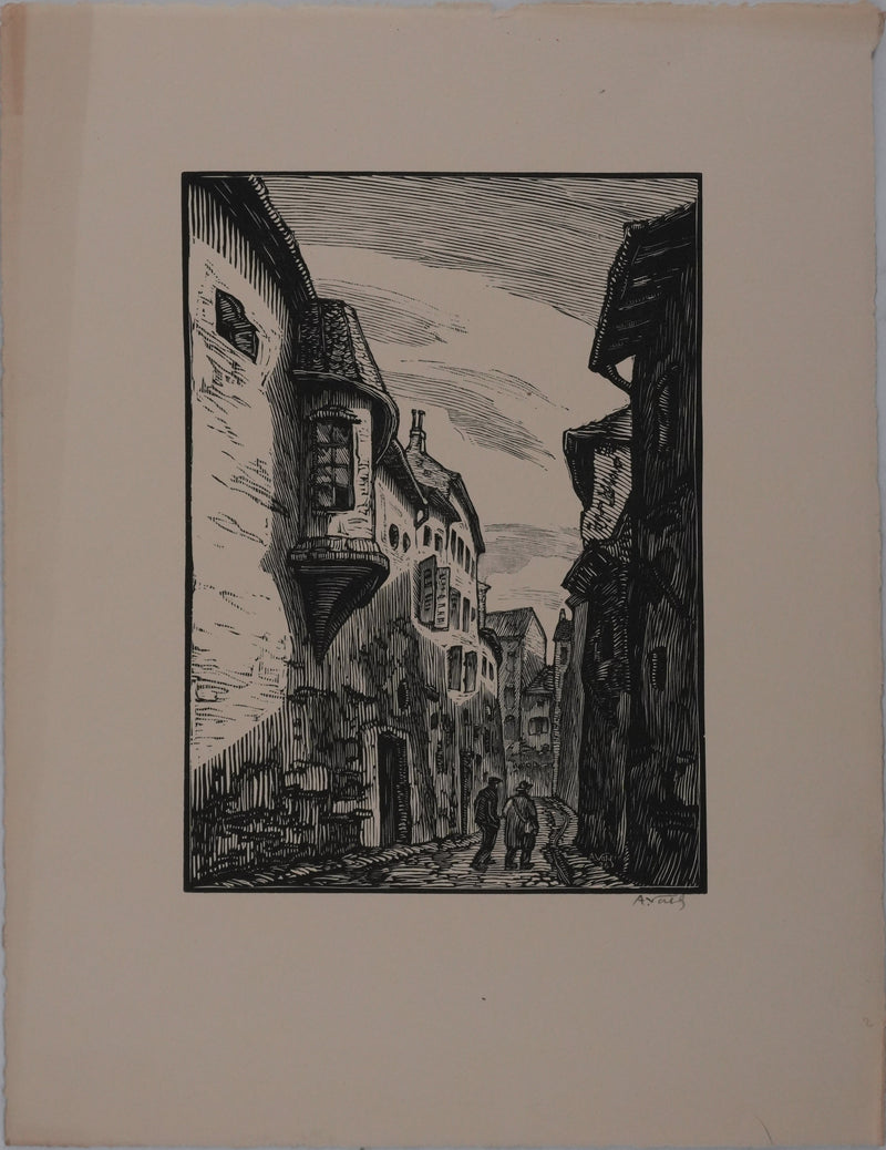 André VAHL : La balade en centre ville, Gravure originale signée