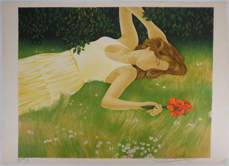 Yves GANNE : Repos avec les coquelicots, Lithographie originale signée