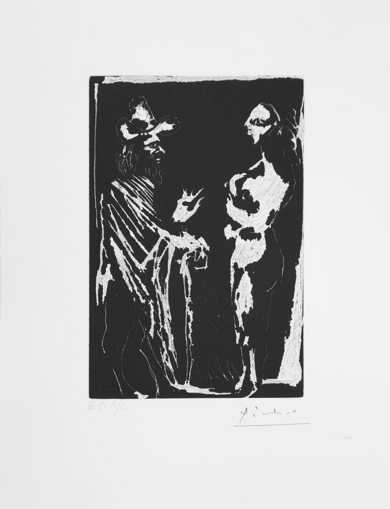 Pablo PICASSO : Les 156, Sur le seuil, Homme discutant avec une fille, Gravure originale signée