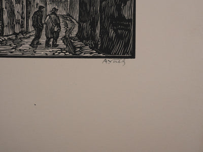 André VAHL : La balade en centre ville, Gravure originale signée