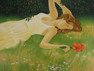 Yves GANNE : Repos avec les coquelicots, Lithographie originale signée