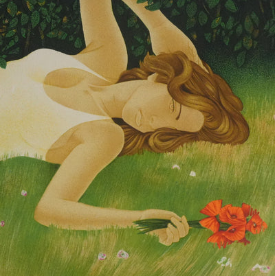Yves GANNE : Repos avec les coquelicots, Lithographie originale signée
