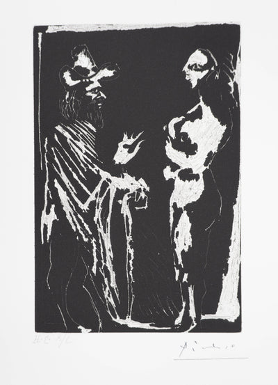 Pablo PICASSO : Les 156, Sur le seuil, Homme discutant avec une fille, Gravure originale signée