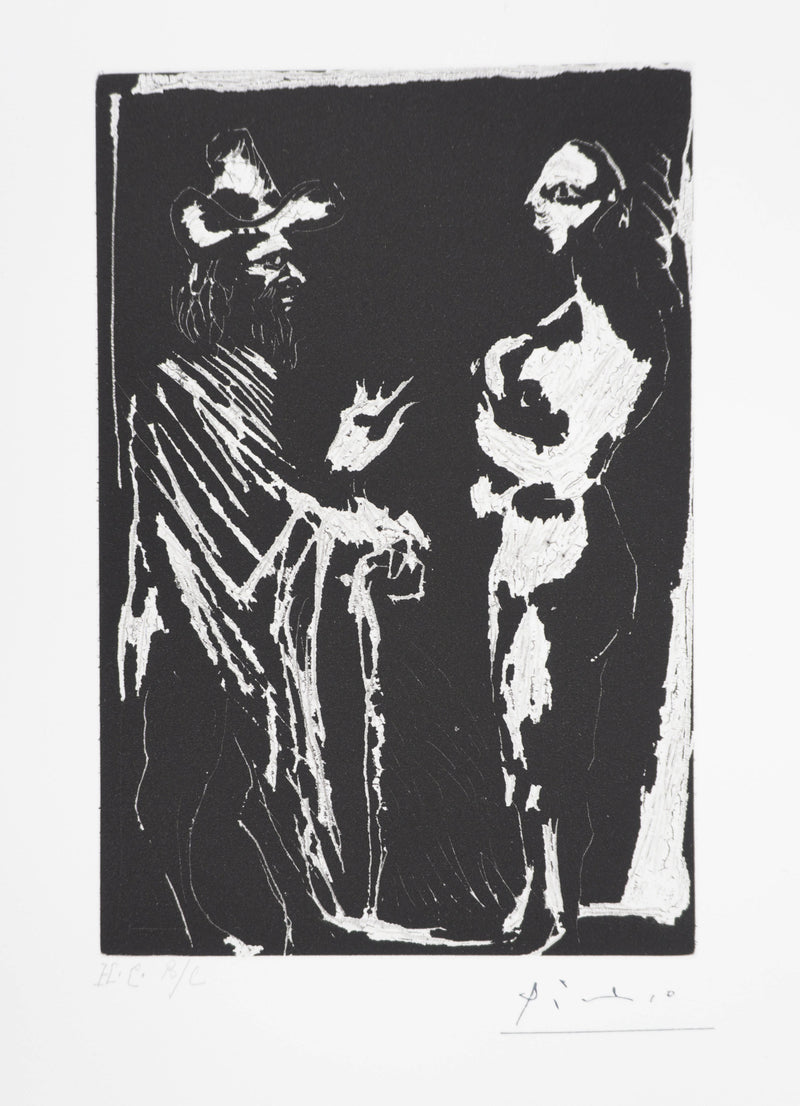 Pablo PICASSO : Les 156, Sur le seuil, Homme discutant avec une fille, Gravure originale signée