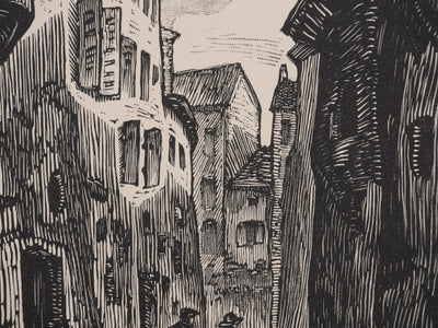 André VAHL : La balade en centre ville, Gravure originale signée