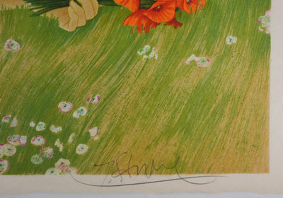 Yves GANNE : Repos avec les coquelicots, Lithographie originale signée