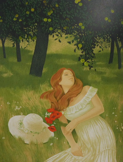 Yves GANNE : Sieste sous les pommiers, Lithographie originale signée