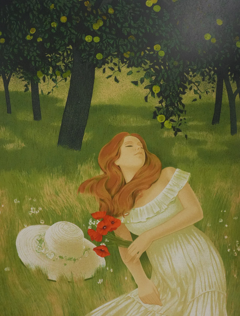 Yves GANNE : Sieste sous les pommiers, Lithographie originale signée