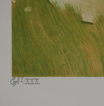 Yves GANNE : Sieste sous les pommiers, Lithographie originale signée