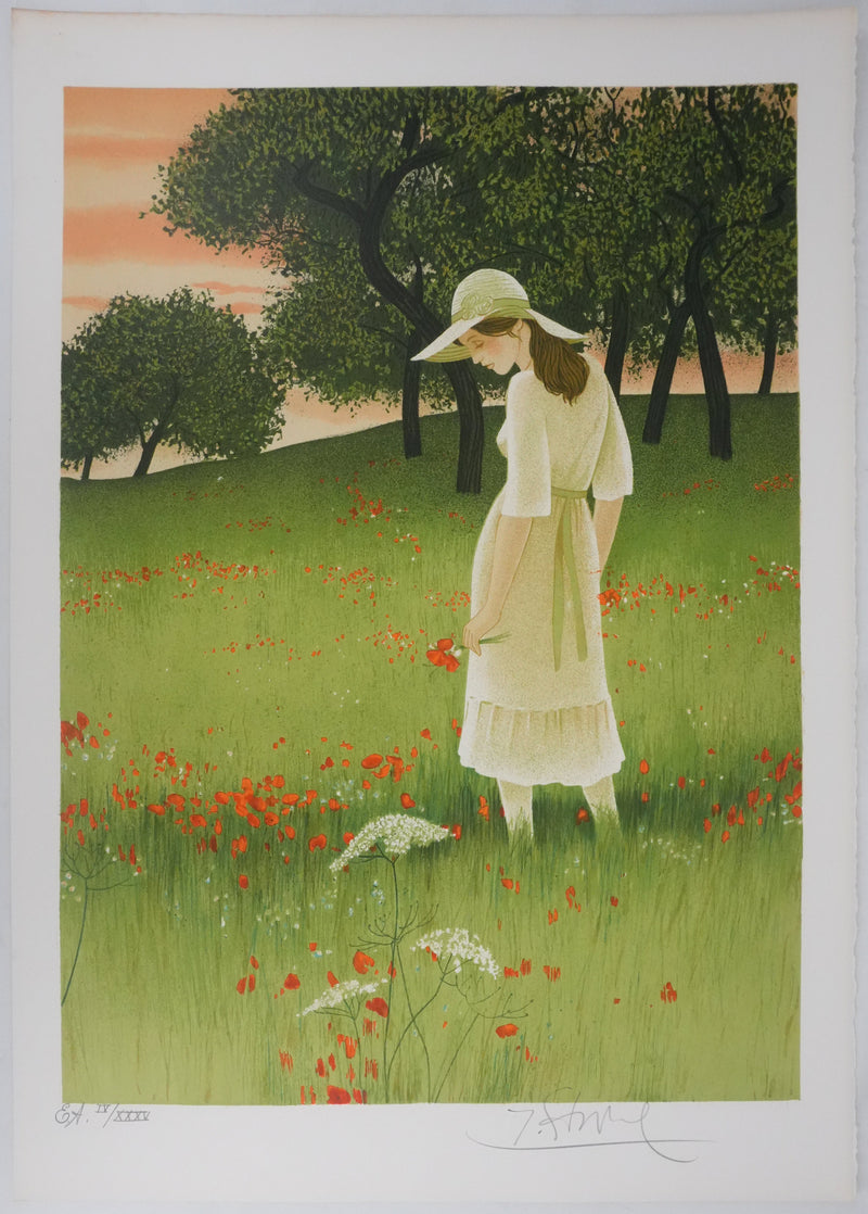 Yves GANNE : Dans le champs de coquelicots, Lithographie originale signée