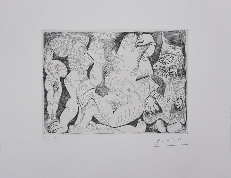 Pablo PICASSO : Les 156, Vieil homme et femme, avec un jeune athlète et un nain, Gravure originale signée