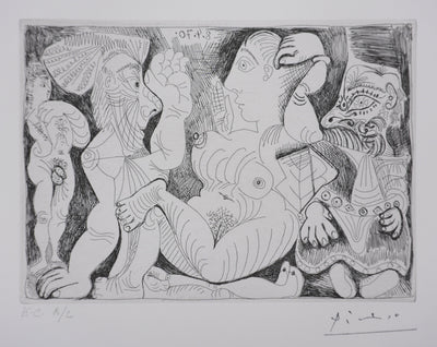 Pablo PICASSO : Les 156, Vieil homme et femme, avec un jeune athlète et un nain, Gravure originale signée