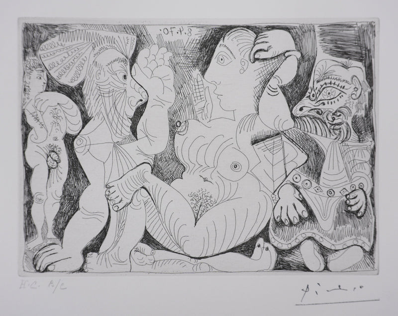 Pablo PICASSO : Les 156, Vieil homme et femme, avec un jeune athlète et un nain, Gravure originale signée