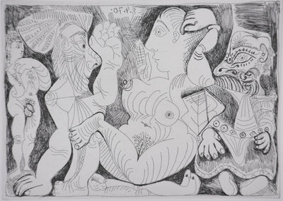 Pablo PICASSO : Les 156, Vieil homme et femme, avec un jeune athlète et un nain, Gravure originale signée