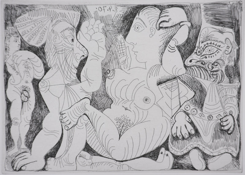 Pablo PICASSO : Les 156, Vieil homme et femme, avec un jeune athlète et un nain, Gravure originale signée
