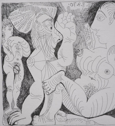 Pablo PICASSO : Les 156, Vieil homme et femme, avec un jeune athlète et un nain, Gravure originale signée