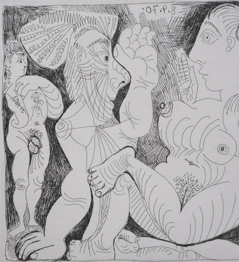 Pablo PICASSO : Les 156, Vieil homme et femme, avec un jeune athlète et un nain, Gravure originale signée