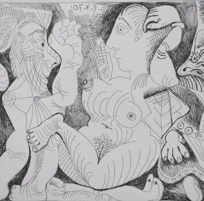 Pablo PICASSO : Les 156, Vieil homme et femme, avec un jeune athlète et un nain, Gravure originale signée