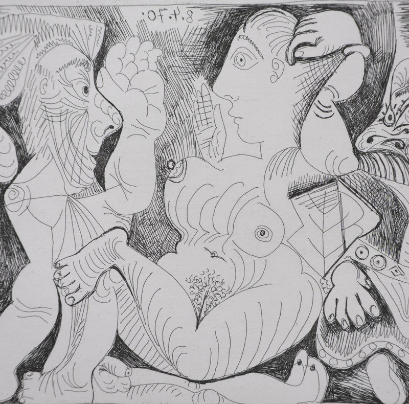 Pablo PICASSO : Les 156, Vieil homme et femme, avec un jeune athlète et un nain, Gravure originale signée