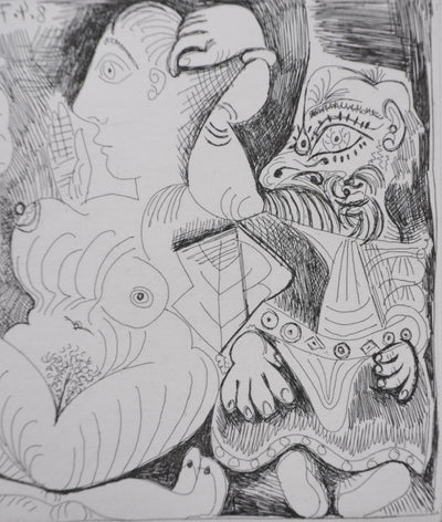 Pablo PICASSO : Les 156, Vieil homme et femme, avec un jeune athlète et un nain, Gravure originale signée