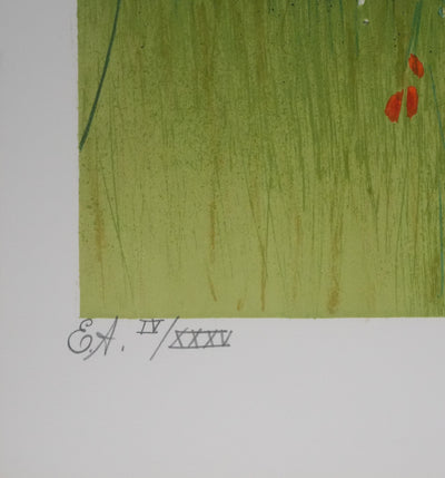 Yves GANNE : Dans le champs de coquelicots, Lithographie originale signée