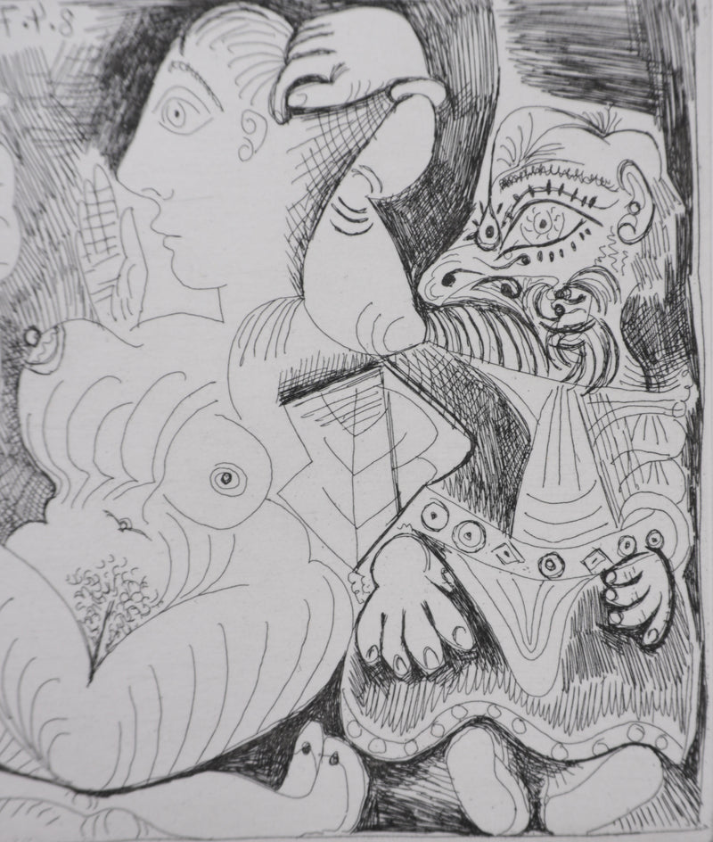 Pablo PICASSO : Les 156, Vieil homme et femme, avec un jeune athlète et un nain, Gravure originale signée