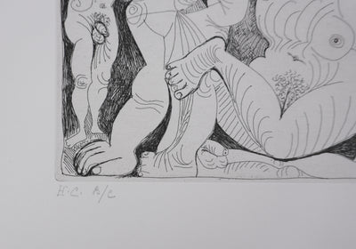 Pablo PICASSO : Les 156, Vieil homme et femme, avec un jeune athlète et un nain, Gravure originale signée